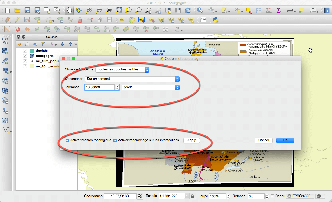 Options d'accroche dans QGIS