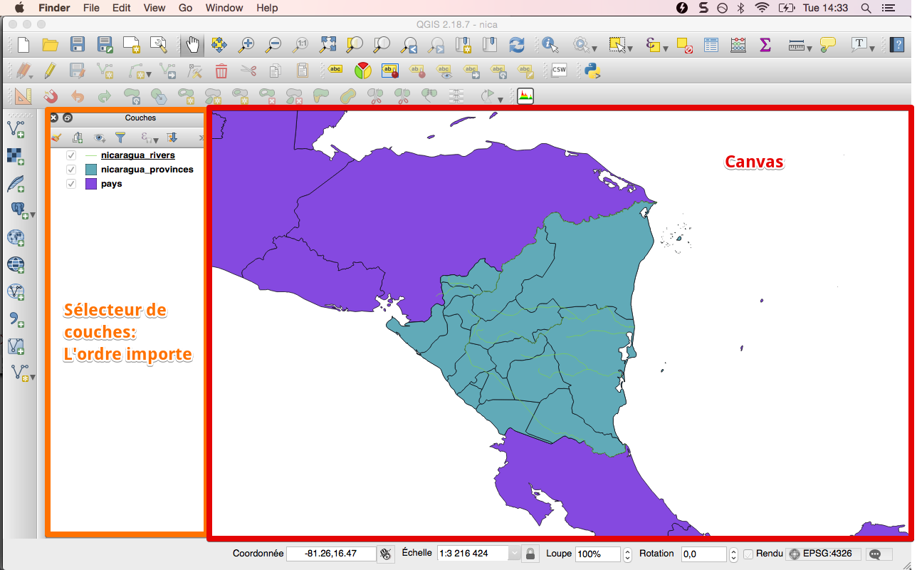 Les différentes zones de l'interface de QGIS